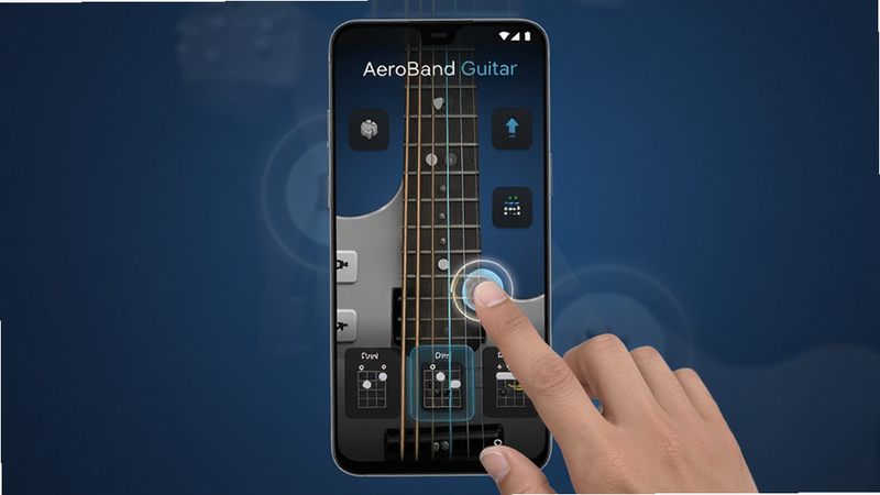 ����Ϊһ��չʾ AeroBand Guitar Ӧ�ý���İ�׿�����ֻ�����Ļ������ʾ���⼪�������������壬����Ϊ��͵�����ɫ���䣬���־��жԳƣ��Ű�������࣬����ִ��Ƽ��У�ϸ�ڴ�����ָ�������ҵĽ���Ч�������ʸ��壬�ɾ����޶���Ԫ�أ����ֱ�ע