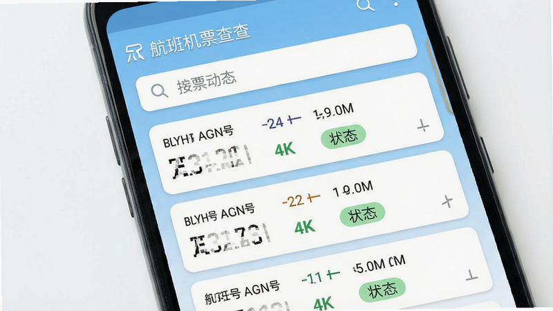 一张高清的安卓手机屏幕截图,主体显示“航班机票查查”APP首页界面,顶部有搜索框,中间列出三条航班动态卡片,包含航班号、起降时间、状态标签,背景为浅蓝色渐变,风格简约现代,UI设计整洁,无多余广告元素,4K分辨率,清晰度高,无文字水印