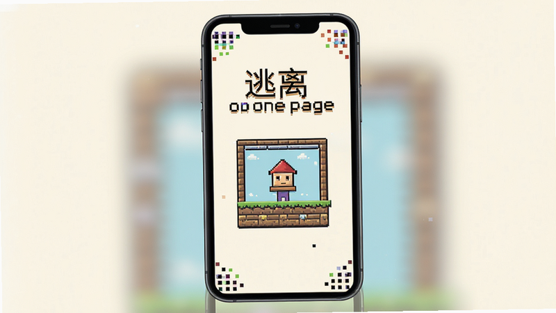 主体为一部竖屏智能手机,屏幕中显示着像素风格的“逃离 one page”游戏界面,背景为柔和的米白色,布局简洁居中,排版留白充足,风格为扁平化插画,细节处有像素点阵装饰,画质高清,干净无多余元素,文字“逃离 one page”清晰可见