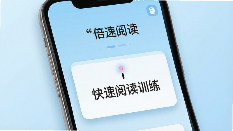 主体为一部现代智能手机,屏幕显示名为“倍速阅读”的应用界面,背景为简洁的浅蓝色渐变。屏幕中央展示一个正在进行的阅读训练模块,包含一个闪烁的光标和一行清晰的中文文本“快速阅读训练”。布局采用居中对称式,排版整洁有序。风格为扁平化科技风,细节处有柔和的阴影效果,突出屏幕内容的清晰度。画质高清,干净,无多余元素,文字“倍速阅读”清晰可见,整体色调明亮舒适。