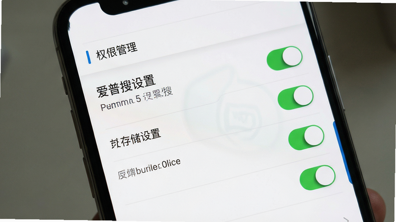 爱普搜设置界面展示,手机屏幕显示权限管理与存储设置列表,开关状态清晰,背景为白色,文字对比度高,布局整齐,风格简约,细节明确,画质清晰,无多余图标