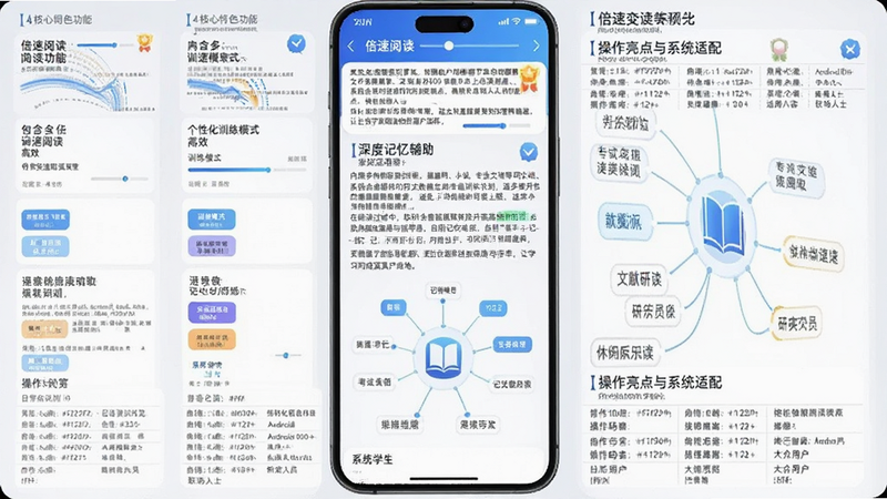 ����Ϊ�����Ķ�App����Ԥ��������Ϊ�ֻ���Ļ���У���ʾ���ٹ����ı����棬�Ű����ִ������Ƽ���������ɫ��ϸ�ڰ����ٶȵ��ڻ�����ͳ��ͼ�������ʸ��壬�ɾ����޶���Ԫ�أ��������ݰ���