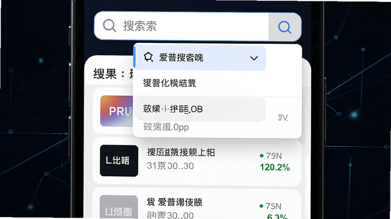 主体为爱普搜App搜索界面,布局分为上部搜索框和下部结果列表,排版整齐,风格科技感强,细节展示搜索建议下拉菜单,文字清晰可读,画质细腻,背景简洁,无干扰元素