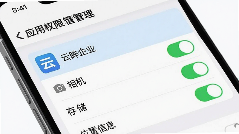 主体为手机设置界面,显示“应用权限管理”页面,其中“云眸企业”应用被高亮选中,下方列出“相机”、“存储”、“位置信息”等权限开关,均处于开启状态(绿色)。风格为扁平化UI设计,界面清晰,文字可读性强,背景简洁,高清细节,无干扰元素