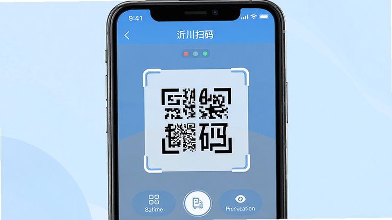 主体为智能手机屏幕,显示“沂川扫码”应用界面,布局简洁,顶部状态栏清晰,中间为大尺寸扫码取景框,底部有功能按钮,背景为柔和的浅蓝色渐变,风格现代扁平化,细节精致,高清画质,干净无多余元素,文字“沂川扫码”清晰可见