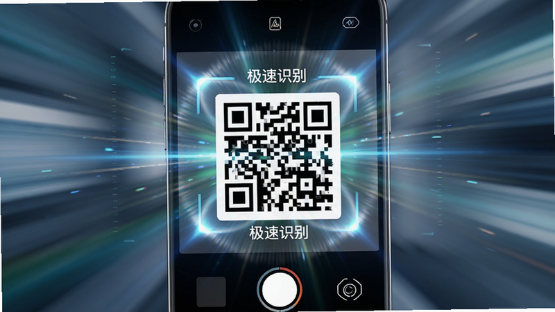 主体为手机摄像头扫描动态模糊效果,中间聚焦于一个清晰的二维码,周围有光线聚焦效果,布局中心对称,排版紧凑,风格科技感强,细节丰富,高清画质,干净,无多余元素,文字“极速识别”
