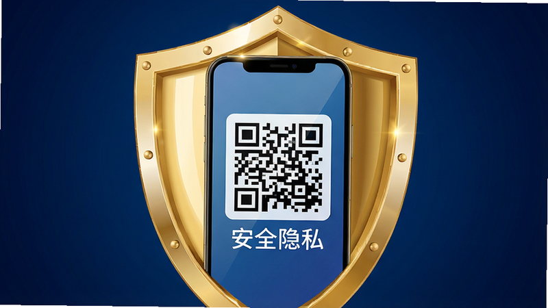 主体为一把金色的盾牌保护着手机屏幕,屏幕上显示二维码,布局中心突出,背景为深蓝色渐变,排版稳重,风格安全信任感,细节光泽感强,高清画质,干净,无多余元素,文字“安全隐私”