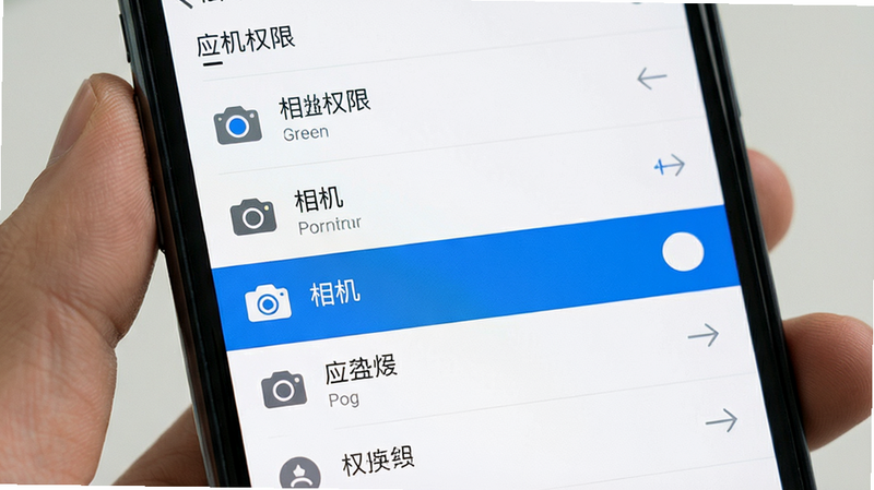 主体为手机设置界面,显示应用权限管理列表,高亮显示“相机”权限选项,布局清晰,背景为白色,排版规范,风格系统原生UI,细节准确,高清画质,干净,无多余元素,文字“相机权限”