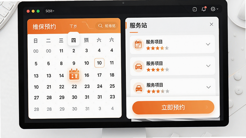 ����Ϊά��ԤԼ���棬��ʾ����ѡ���������վ�б�������Ϊ���·����ṹ���Ű�ͻ��������ԤԼ����ť�����Ϊ��ů��ɫ��׺�ĿƼ��磬ϸ�ڰ����Ǽ������������Ŀͼ�꣬����ϸ�壬�ɾ����޶���Ԫ��