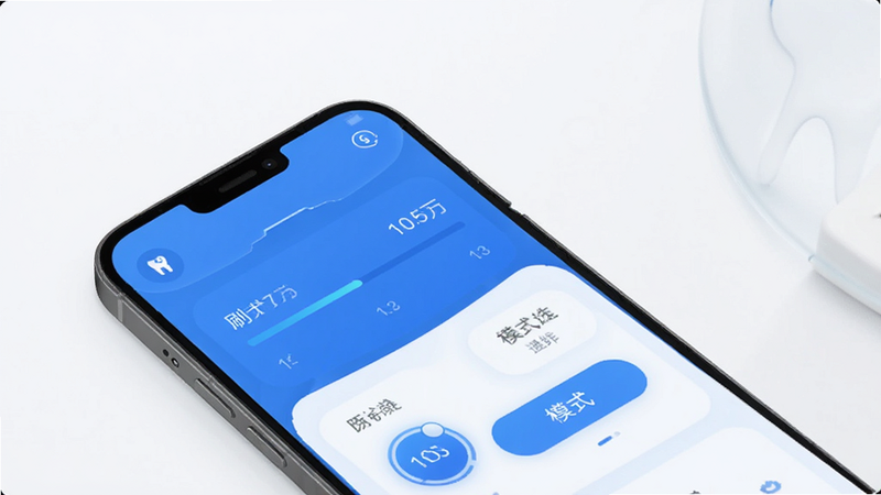 徕芬APP安卓界面预览图,主体为手机屏幕显示蓝色调口腔护理数据看板,布局简洁现代,排版清晰,风格科技感强,细节包含刷牙计时进度条与模式选择按钮,画质高清,干净,无多余元素