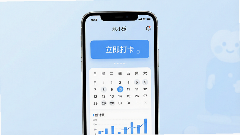 一张展示“永小乐”APP界面的高质量UI设计图,主体为手机屏幕居中显示,背景为柔和的浅蓝色渐变,布局简洁现代,排版清晰,风格为扁平化商务风,细节包括顶部状态栏、中间大大的打卡按钮(文字“立即打卡”)、下方日历视图和统计图表,画质高清,干净,无多余元素