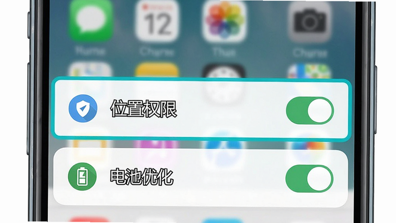 一个手机设置界面的示意图,高亮显示“位置权限”和“电池优化”选项,背景为模糊的手机桌面,主体清晰,布局垂直排列,风格为操作指引图,细节包括开关状态、图标标识,画质清晰,干净,无多余元素