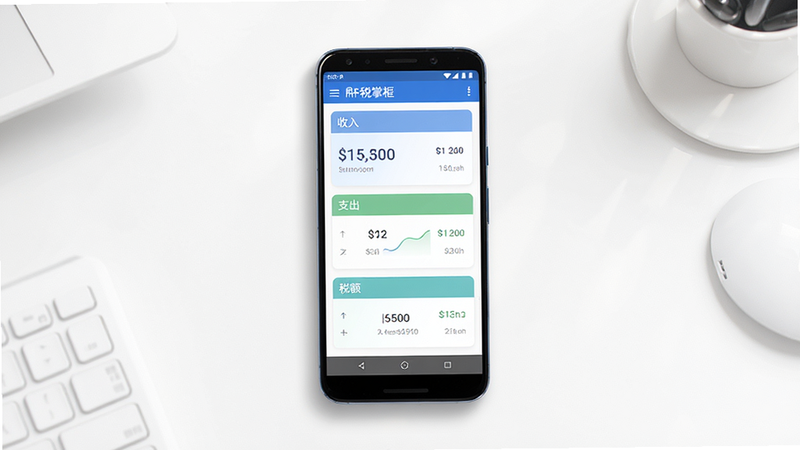 主体为“税掌柜”APP界面全景展示,背景为简洁的白色办公桌面,中央放置一台安卓手机,屏幕显示清晰的财税数据仪表盘,包含“收入”、“支出”、“税额”三个核心模块,布局为居中对称式,排版整洁有序,风格为现代简约商务风,细节处有柔和的阴影增强立体感,画质高清,干净无多余元素
