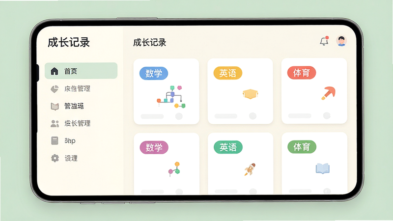��ƽ����ƣ�չʾ���ɳ���¼��APP�ķ���������棬���Ϊ���������Ҳ�Ϊ��Ƭʽ����������Ƭ�����С���ѧ������Ӣ������������Ȳ�ɫ��ǩ������Ϊ�ɾ����װ�ɫ��ǿ��������������ȣ�UI�����࣬ɫ����ͣ��߷ֱ�����Ⱦ