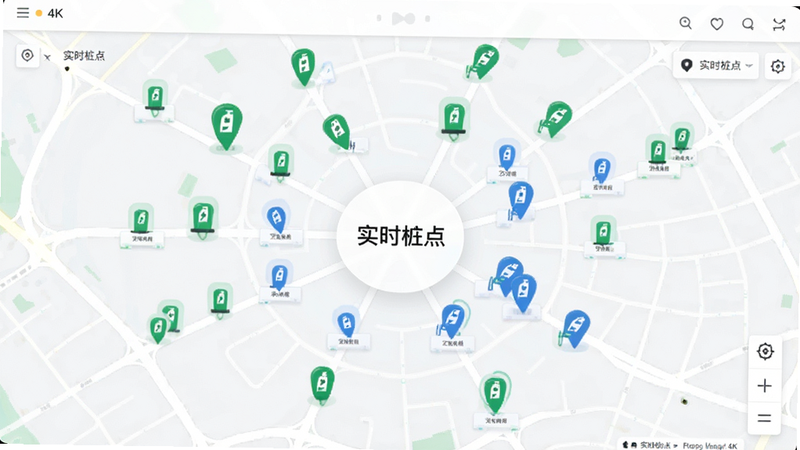 主体为地图界面,布局为中心辐射状,显示多个绿色和蓝色的充电桩图标,风格现代简约,细节标注清晰,画质4k,干净,无多余元素,文字包含