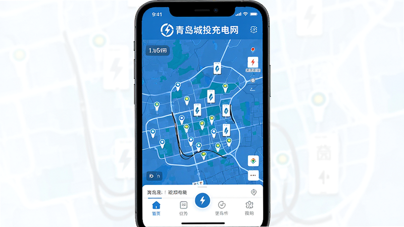 主体为青岛城投充电网APP界面预览图,布局采用扁平化设计,顶部显示“青岛城投充电网”Logo,中部为地图模式下的充电桩分布点,底部为功能导航栏,风格清新科技蓝,细节清晰,画质高清,干净,无多余元素,文字包含