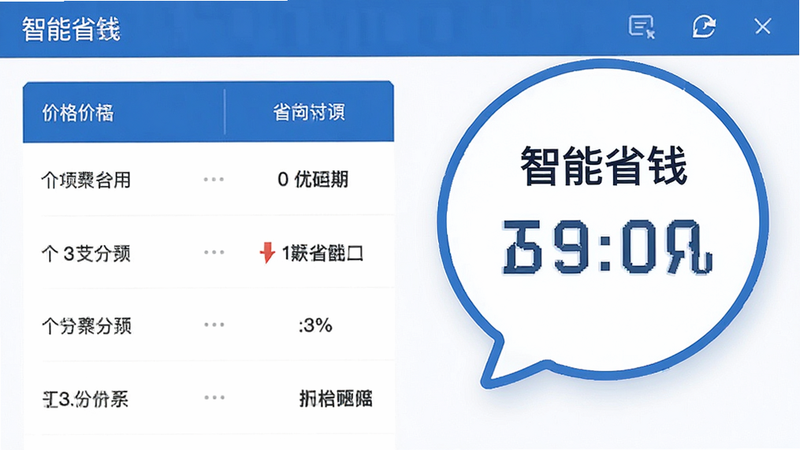 主体为计费界面,布局左侧为价格列表,右侧为省钱提示气泡,风格商务蓝,细节显示数字对比,画质清晰,干净,无多余元素,文字包含