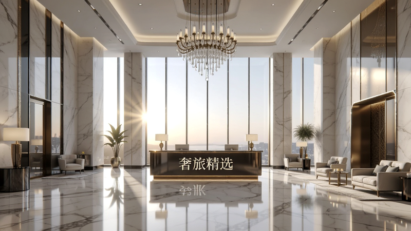 主体为奢华酒店大堂的3D渲染图,布局宽敞明亮,中央设有接待台,背景是落地窗透进的晨光,排版对称平衡,风格为现代极简奢华,细节展示大理石地面与水晶吊灯,画质8k,干净,无多余杂物,文字标注“奢旅精选”