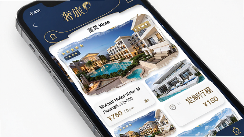 主体为“奢旅”APP的手机界面展示,布局呈现首页推荐的高端酒店列表与定制行程卡片,排版整洁有序,采用深蓝色与金色点缀的奢华商务风格,细节处显示五星酒店图片与价格标签,画质高清,干净无多余元素,文字清晰可见“奢旅”品牌Logo