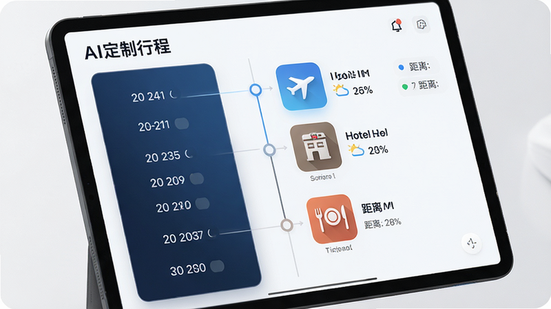 主体为平板屏幕上的行程规划界面,布局为时间轴形式,左侧显示日期,右侧对应活动图标(飞机、酒店、餐厅),排版清晰直观,风格科技感与人文感结合,细节显示天气图标与距离提示,画质精细,干净,无干扰线条,文字展示“AI定制行程”