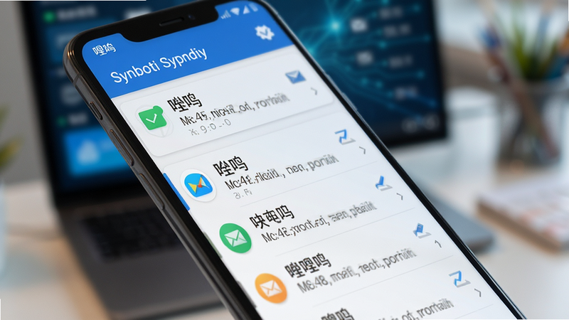展示安卓手机屏幕上嘤鸣应用正在快速同步邮件的动态效果,背景虚化,突出屏幕中邮件列表快速滑动的视觉感受,图标清晰可见,色彩搭配专业且富有科技感,高清摄影风格