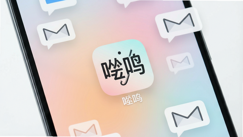 一张高清晰度的安卓手机屏幕特写,屏幕中央显示着名为“嘤鸣”的应用图标,图标设计简洁现代,背景为柔和的渐变色,周围漂浮着几封简约风格的邮件气泡,整体画面干净明亮,无多余装饰,4K画质,极简主义风格