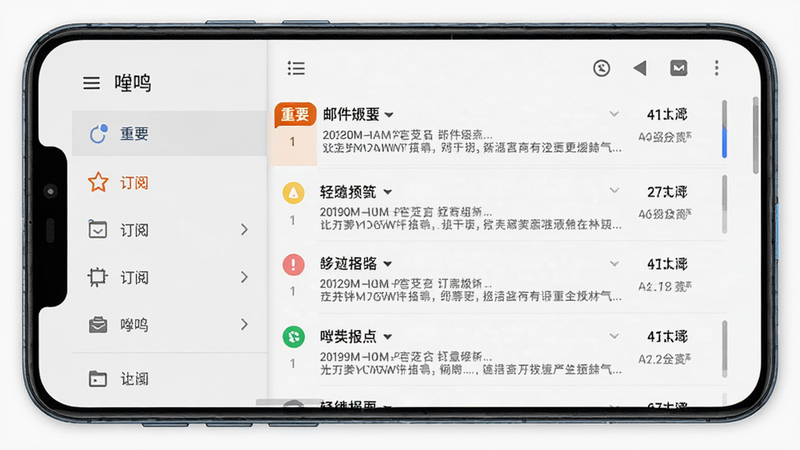 安卓手机界面展示嘤鸣应用的邮件分类页面,左侧为简洁的侧边栏菜单,右侧为清晰的邮件列表,高亮显示“重要”、“订阅”等分类标签,界面布局规整,字体清晰易读,现代UI设计风格,高保真渲染