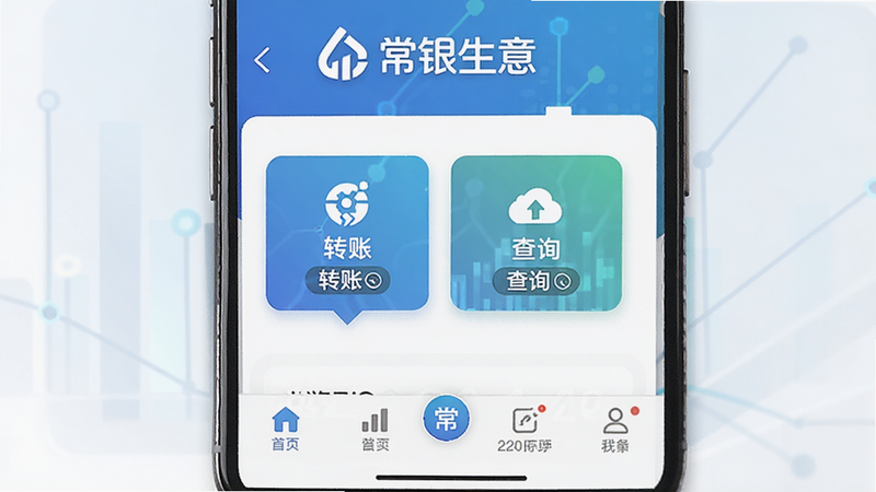 主体为常银生意APP的手机界面截图,布局清晰,顶部显示logo,中间展示首页功能入口如转账、查询,底部为导航栏,风格简约商务,蓝色为主色调,细节处体现金融科技感,高清,干净,无多余元素,文字包含