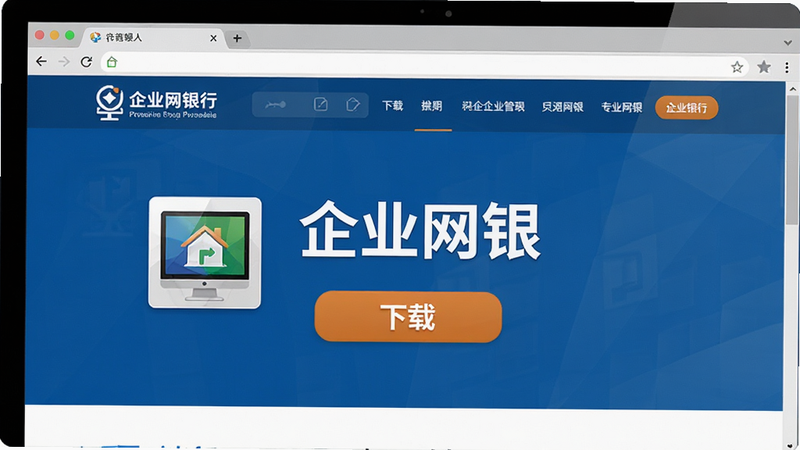 主体为电脑浏览器界面,显示银行官网的企业网银下载页面,布局清晰,突出下载按钮,风格商务专业,蓝色背景,细节体现PC客户端图标,高清,干净,无多余元素,文字包含