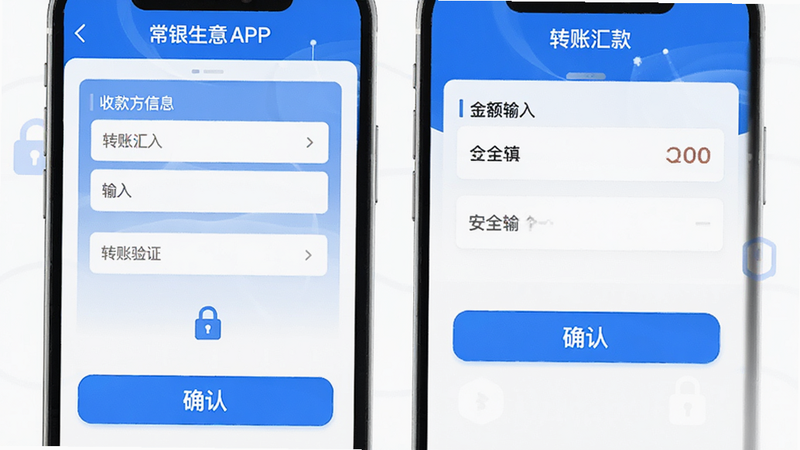 主体为常银生意APP的转账页面,布局分为收款方信息输入区和金额输入区,底部有确认按钮,风格严谨安全,蓝色与白色搭配,细节体现安全锁图标,高清,干净,无多余元素,文字包含