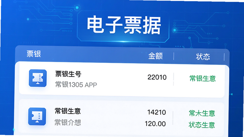 主体为常银生意APP的电子票据管理界面,布局显示票据列表,包含票据号、金额、状态,风格科技感强,蓝色背景,细节体现票据图标,高清,干净,无多余元素,文字包含