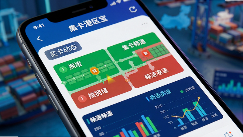 手机屏幕特写,显示“集卡港区宝”的实时动态页面,绿色与红色标识区分拥堵与畅通区域,数据图表清晰直观,背景虚化处理,突出屏幕内容,科技感强,色彩饱和度高,清晰无噪点,专业UI设计风格。