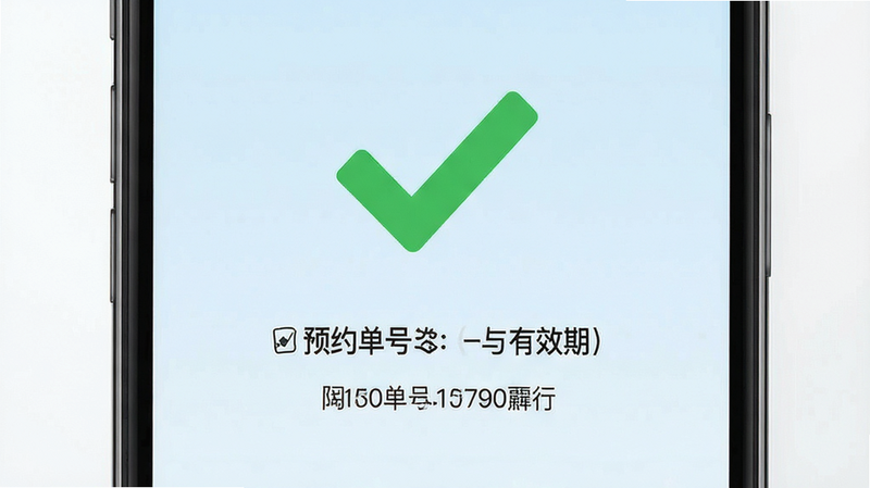 手机界面展示预约成功页面,大大的绿色对勾图标,下方显示预约单号与有效期,背景为淡蓝色渐变,简洁明了,突出成功状态,高清UI设计,无多余文字。