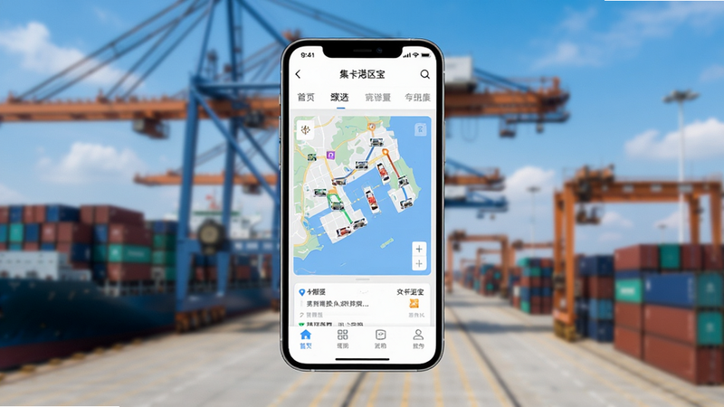 一部智能手机悬浮在画面中央,屏幕显示着“集卡港区宝”APP的主界面,界面设计简洁现代,顶部有清晰的导航栏,中间区域展示着港区地图与实时车辆位置,底部是功能菜单栏,背景为模糊的现代化集装箱港口实景,蓝天白云,光线明亮,高清摄影风格,细节丰富,无多余文字干扰,干净利落。