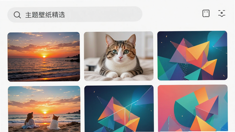 手机应用界面截图预览,展示“主题壁纸精选”APP的主界面,顶部为搜索栏,下方为网格状排列的高清壁纸缩略图,图片内容包括日落海景、可爱猫咪和抽象几何图形,界面布局整齐,色彩鲜艳,UI设计简洁现代,高保真渲染