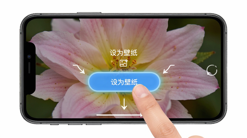手机操作界面示意图,手指点击屏幕上的“设为壁纸”按钮,按钮高亮显示,背景为一张精美的花朵特写壁纸,界面简洁,操作指引清晰,体现流畅的用户交互体验
