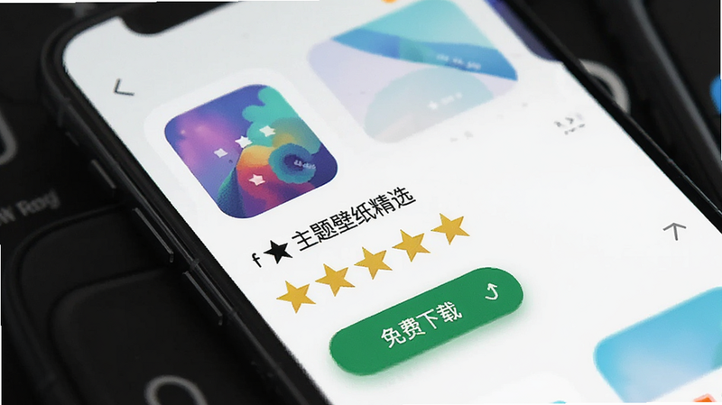 手机应用商店详情页预览,展示“主题壁纸精选”的评分五星图标,下方有“免费下载”按钮,界面简洁明了,传达免费与高口碑的信息,风格现代简约