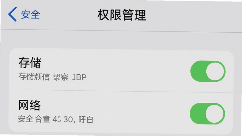 手机设置界面截图,展示“权限管理”页面,高亮显示“存储”和“网络”权限已开启的状态,背景为浅灰色,文字清晰,体现安全与合规的设置流程