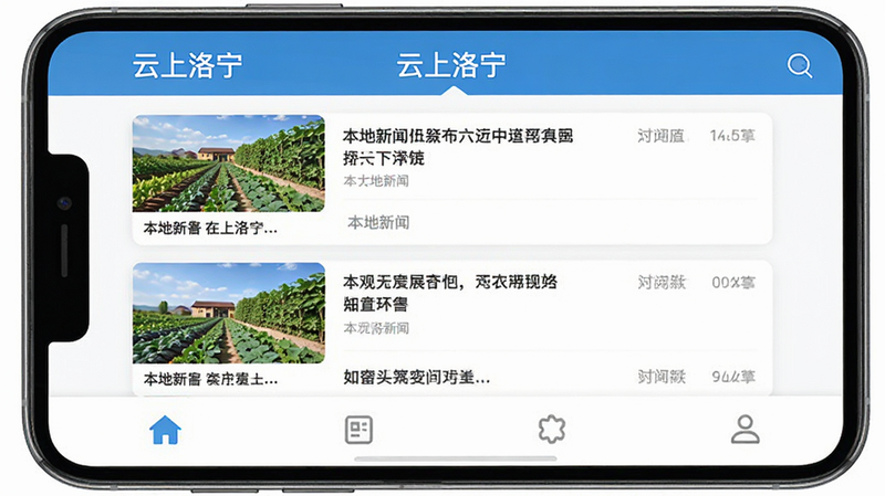 主体为手机屏幕界面,展示“云上洛宁”APP首页,顶部显示应用名称,中间为新闻列表卡片,包含本地新闻缩略图和标题,底部有导航栏,布局整齐,排版清晰,扁平化设计风格,细节丰富,4k高清,干净,无多余元素