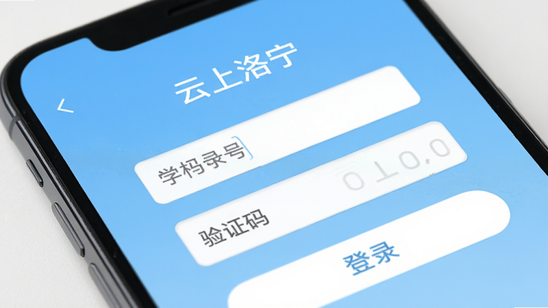 手机登录界面特写,显示“云上洛宁”APP的登录页,包含手机号输入框、验证码输入框和登录按钮,背景浅蓝,文字白色,布局居中,排版简洁,登录风格,细节清晰,4k高清,干净,无多余元素