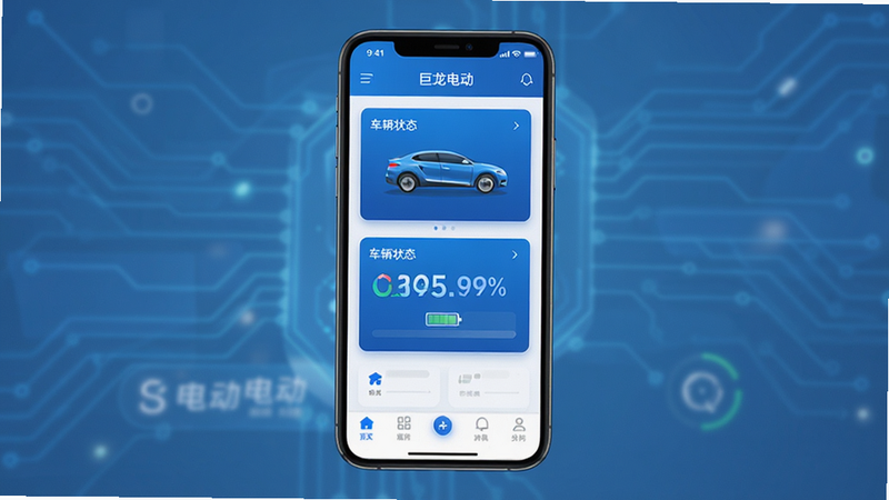 ��������ȫ��ͼ������Ϊ�ֻ���Ļ��ʾ�������綯��APP��ҳ����������������״̬�����в�����״̬��Ƭ���ײ���������������ִ�����ɫ�Ƽ�ɫ����ϸ��չʾ����ͼ��������ٷֱȣ����ʸ��壬�ɾ����޶���Ԫ��