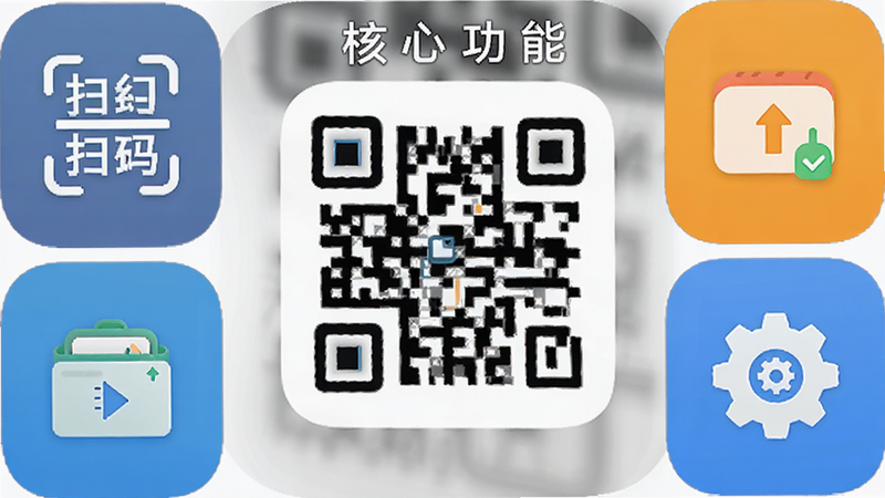 ����Ϊ��ά���ɨɨAPP�Ĺ���ͼ��չʾ������Ϊ����״������ɨ�롢���ɡ���ʷ�������ĸ���ͼ�꣬�Ű����룬����ƽ����ϸ��ͼ��ɫ�������������������ɾ����޶���Ԫ�أ����֡����Ĺ��ܡ�