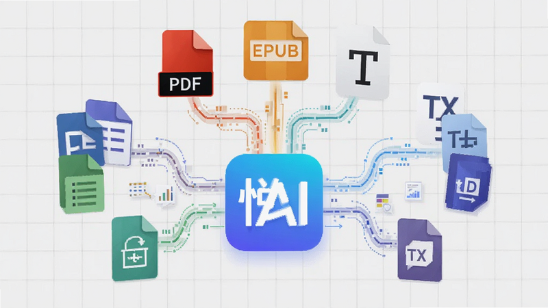 չʾ�����ļ���ʽͼ�꣨PDF, EPUB, TXT����۵��ö�AIӦ��ͼ��Ĺ��̣�ͼ������ִ���ƽ����ɫ�ʷḻ����г������Ϊǳ��ɫ���񣬲������ľ۽������Ƽ���ǿ��ϸ������������ת������������������Ԫ��