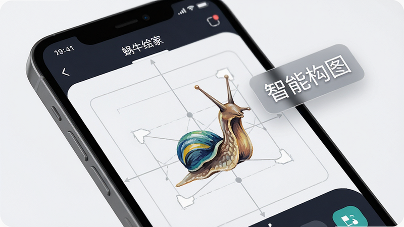 一张展示AI辅助绘图功能的特写图,主体为手机屏幕,显示着“蜗牛绘家”APP内的辅助模式,界面上有淡淡的灰色引导线,旁边悬浮着“智能构图”字样,风格科技感与艺术感结合,布局紧凑,细节丰富,画质清晰,干净无杂乱背景。
