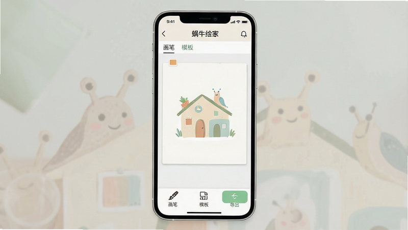 一张展示移动端应用界面的高清图片,主体为“蜗牛绘家”APP的主界面,布局清晰,顶部为导航栏,中间是大面积的画布区域,底部是工具栏,风格简约现代,色彩柔和,细节精致,画质极高,干净无多余元素,文字标签清晰可见,如“画笔”、“模板”、“导出”。