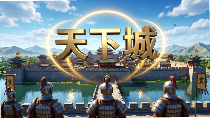 主体为宏伟的中式古代城池全景,蓝天白云下,城墙巍峨,护城河波光粼粼,城内楼阁林立,旗帜飘扬,画面中央悬浮着巨大的立体汉字“天下城”,字体采用金色金属质感,周围环绕着淡淡的金色光晕。布局上采用广角透视,前景有几位身着铠甲的武将背影凝视远方,中景是密集的建筑群,背景是连绵的山脉。排版简洁大气,视觉中心突出。风格为高精度3D渲染,色彩鲜艳明亮,细节丰富,画质4K,干净无多余元素。
