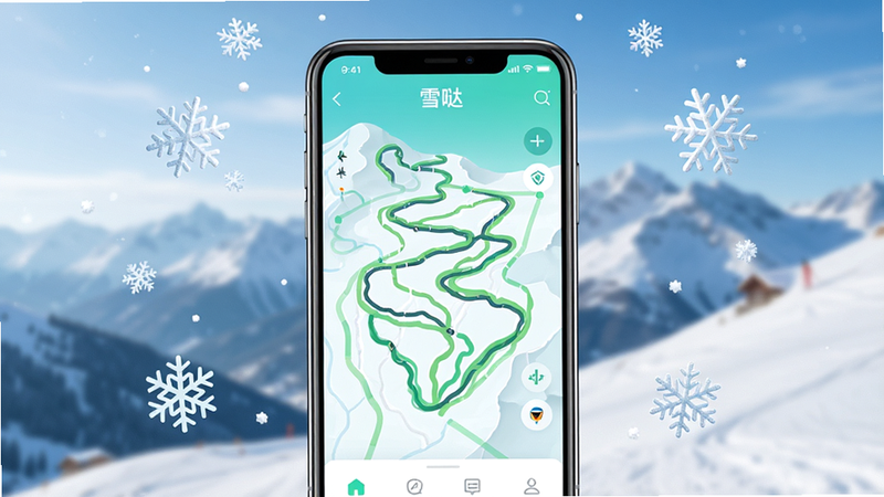 一张展示雪哒APP主界面的高清图片,画面中央是手机屏幕,显示着绿色的滑雪轨迹地图,周围环绕着雪花元素,背景是雪山风景,风格清新现代,细节丰富,画质清晰,无多余元素,文字显示