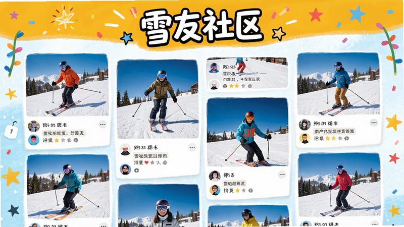 雪哒社区页面,展示多张用户上传的滑雪照片和评论,布局为瀑布流,色彩鲜艳,充满生活气息,文字显示