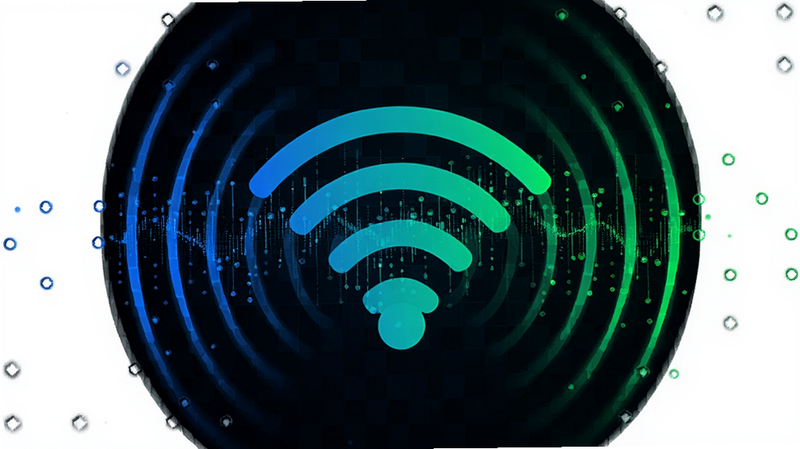 主体为抽象化的WiFi信号波纹,从中心向外扩散,波纹由蓝色渐变为绿色,背景为深色网格科技风,象征信号穿透力,布局中心对称,排版极简,风格为科技感抽象艺术,细节处有数据流粒子效果,画质清晰,干净,无多余元素
