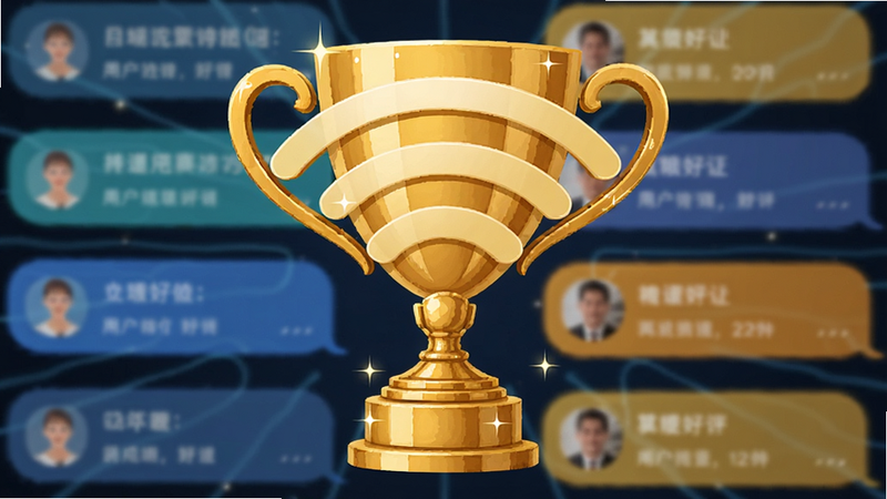 主体为一个金色的奖杯与WiFi信号图标组合,背景为模糊的用户好评弹幕,布局居中突出主体,排版大气,风格为商业插画,细节处有奖杯的高光质感,画质精致,干净,无多余元素